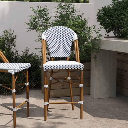 FLASH FURNITURE Lourdes Stackable IndoorOutdoor French Bistro 26 Counter Height Stool, WhiteNavy and Bamboo SDA-AD642001-F-CS-WHNVY-NAT-GG